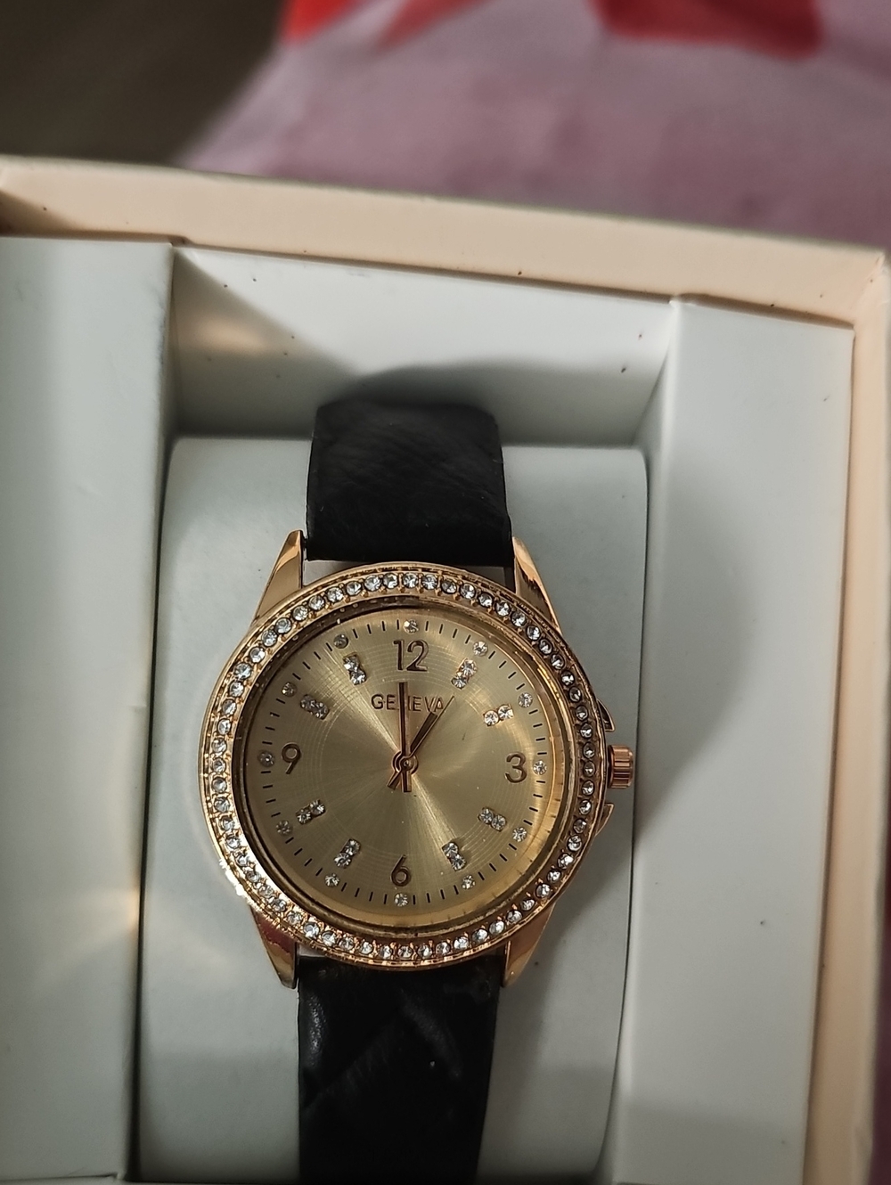 Geneva Rose Gold Crystal-Trim Watch with Black Strap